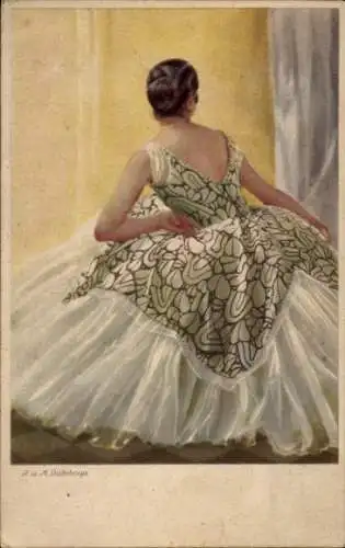 Künstler Ak Dührkoop, R. u. M., Frau im eleganten Kleid, Rückenansicht