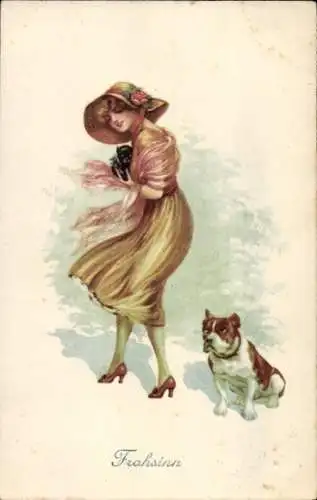 Litho Frohsinn, elegante Frau, Hund