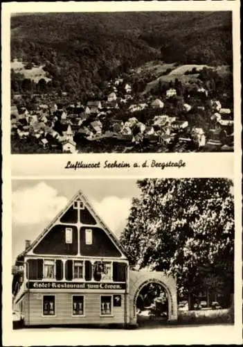 Ak Seeheim Jugenheim an der Bergstraße, Luftaufnahme Dorf, Hotel-Restaurant, klassischer Stil