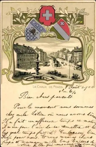Wappen Litho La Chaux de Fonds Kanton Neuenburg, Platz, Springbrunnen