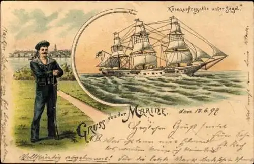Litho Deutscher Marinesoldat in Uniform, Kreuzerfregatte