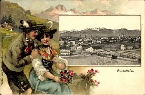 Präge Passepartout Ak Rosenheim Oberbayern, Gesamtansicht, Paar in Tracht
