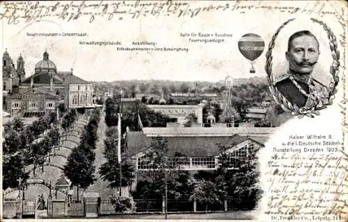 Ak Dresden, Ausstellung 1903, Kaiser Wilhelm II., Hauptrestaurant, Ballon