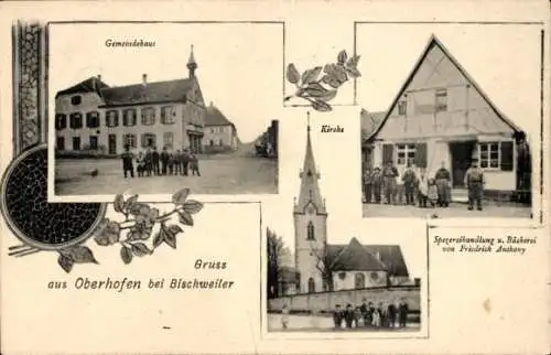 Ak Oberhoffen Oberhofen Elsass Bas Rhin, Gemeindehaus, Kirche, Geschäft