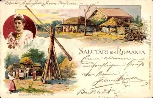 Litho Rumänien, Rumänin, Ziehbrunnen, Dorfszene