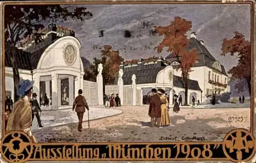 Künstler Litho Moos, C., München, Ausstellung 1908, Eingangsbauten, Haupteingang