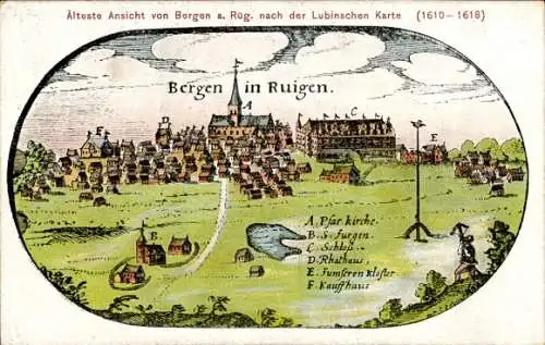 Ak Bergen auf der Insel Rügen, älteste Ansicht, Lubinsche Karte