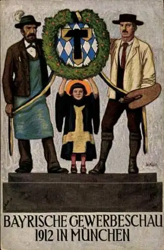 Künstler Ak Krain, W., Bayrische Gewerbeschau 1912 in München, Münchner Kindl, Maler