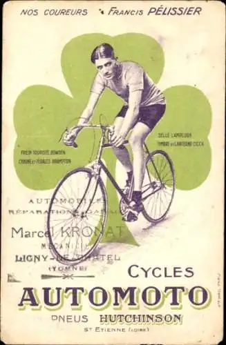 Ak Radrennsport, Radrennfahrer Francis Pelissier, Fahrrad Automoto, Reifen Hutchinson