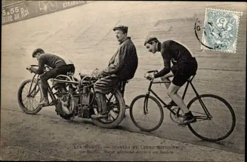 Ak Radrennsport, Bahnradfahrer Robl, deutscher Steher, Trainer, Schrittmacher-Tandem
