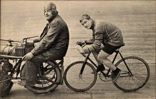 Ak Radrennsport, Bahnradfahrer Quessard, Steher, Trainer Amerigo, Schrittmacher