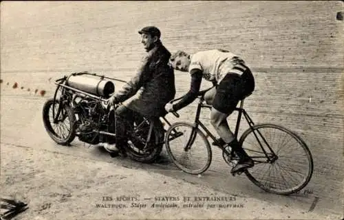 Ak Radrennsport, Bahnradfahrer Walthour, amerikanischer Steher, Trainer Hoffman, Schrittmacher