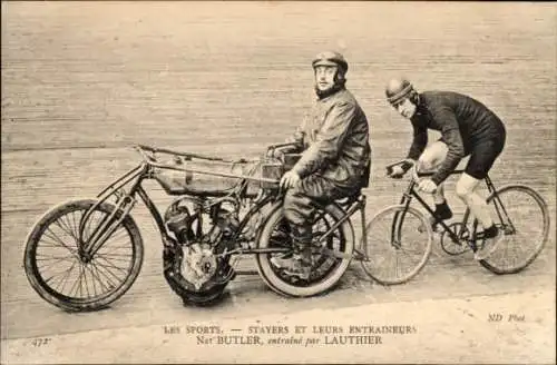 Ak Radrennsport, Bahnradfahrer Nat Butler, Steher, Trainer Lauthier, Schrittmacher
