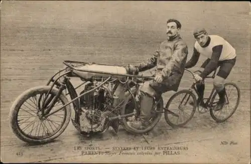 Ak Radrennsport, Bahnradfahrer Parent, französischer Steher, Trainer Pillas, Schrittmacher