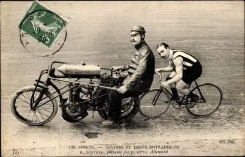 Ak Radrennsport, Bahnradfahrer P. Günther, Steher, Trainer H. Otto, Schrittmacher