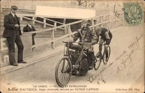 Ak Radrennsport, Bahnradfahrer Walthour, amerikanischer Steher, Trainer Gussie Lawson, Schrittmacher