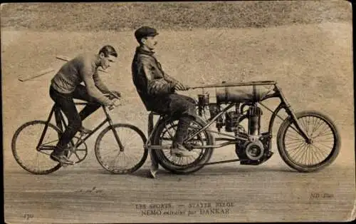 Ak Radrennsport, Bahnradfahrer Nemo, belgischer Steher, Trainer Dankar, Schrittmacher