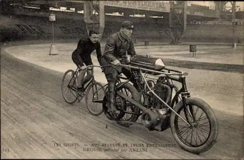 Ak Radrennsport, Bahnradfahrer Grosse, Steher, Trainer Anzani, Schrittmacher