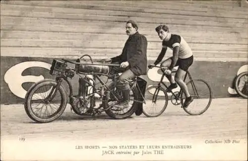 Ak Radrennsport, Bahnradfahrer Jack, Steher, Trainer Jules The, Schrittmacher
