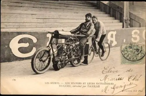 Ak Radrennsport, Bahnradfahrer Rugère, Steher, Trainer Dankar, Schrittmacher