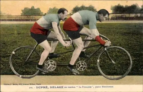 Ak Radrennsport, Radrennfahrer Dupré, Delage, Tandem La Francaise, Hutchinson, coloriert