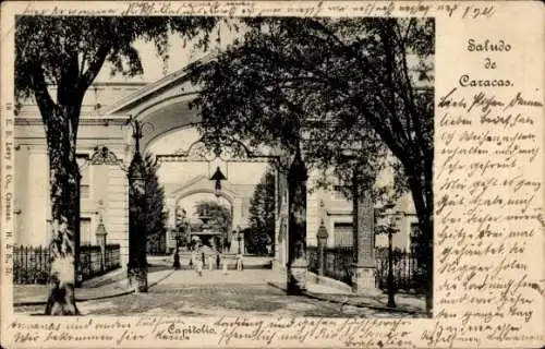 Ak Caracas Venezuela, Kapitol, schwarz-weiße , Bäume,  Architektur, Grüße
