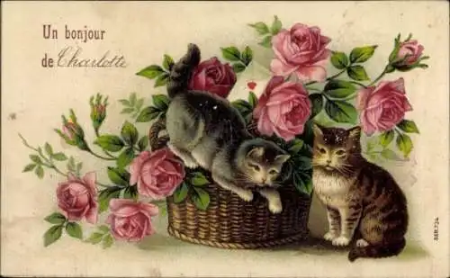 Präge Ak Katzen, Weidenkorb, Rosen