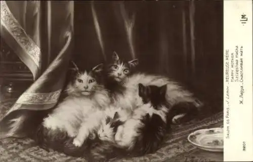 Künstler Ak Leroy, Katzen, glückliche Mutter
