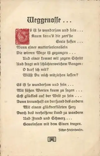 Ak Gedicht Weggenosse, Es ist so wundersam und fein...