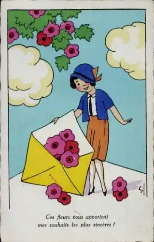 Künstler Ak Ces fleurs vous apportent mes souhaits les plus sincères, Frau