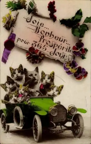Ak Glückwunsch Neujahr, Katzen im Auto