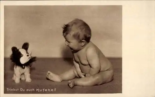 Ak Trinkst du auch Kufeke?, Säuglingsnahrung, Reklame, Kleinkind mit Stoffhund