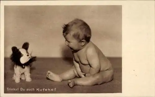 Ak Trinkst du auch Kufeke?, Säuglingsnahrung, Reklame, Kleinkind mit Stoffhund