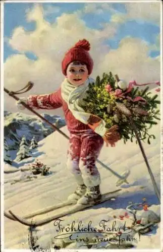 Künstler Ak Fröhliche Fahrt ins Neue Jahr, Kind auf Skier in Fahrt