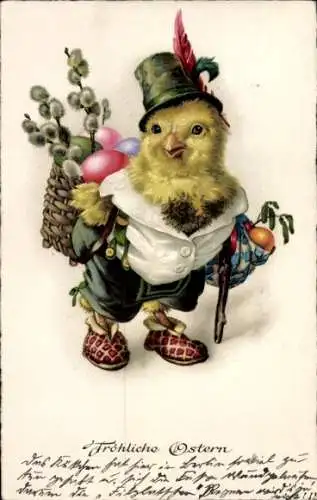 Ak Fröhliche Ostern, Küken mit Ostereiern im Korb