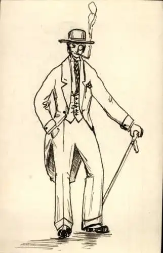 Ak Mann im Frack, Gehstock