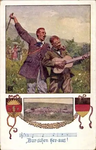 Künstler Ak Burschen heraus, Zwei Studenten mit Gitarre, Deutscher Schulverein Nr. 1232