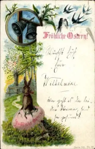 Ak Fröhliche Ostern, Osterhase, Ei, Glocken