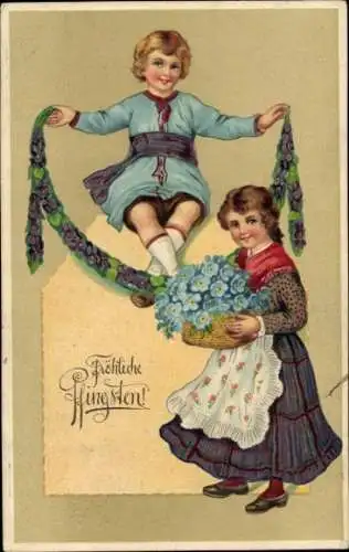 Präge Ak Fröhliche Pfingsten, Kinder, Blumen