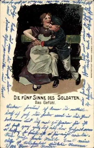 Künstler Ak Die fünf Sinne des Soldaten, Das Gefühl, Soldat mit Frau