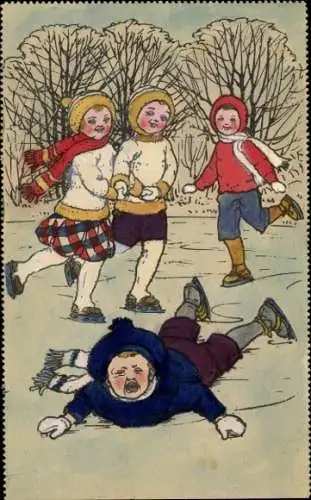 Künstler Ak Kinder beim Schlittschuhlaufen, Sturz