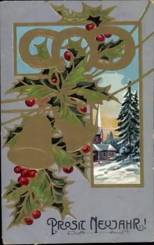 Litho Neujahr, Mistelzweig, Kirche, Glocken