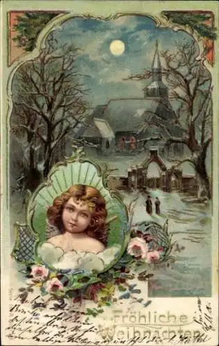 Präge Mondschein Litho Glückwunsch Weihnachten, Kirche, Mädchen-Porträt