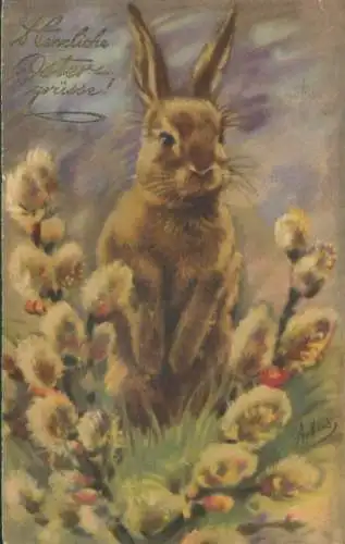 Künstler Ak Artus, Frohe Ostern, Osterhase, Weidenkätzchen