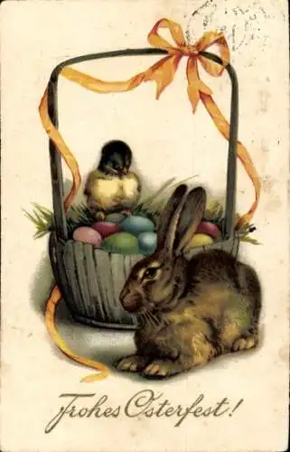 Ak Frohe Ostern, Osterhase mit Küken, Korb, Ostereier
