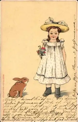Künstler Ak kleines Mädchen mit Hase
