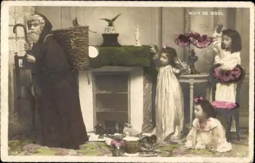 Ak Frohe Weihnachten, Weihnachtsmann, drei Mädchen, coloriert
