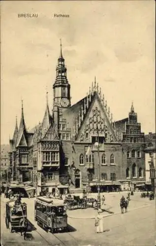 Ak Wrocław Breslau Schlesien, Rathaus, historisches Gebäude, Straßenbahn, Menschen