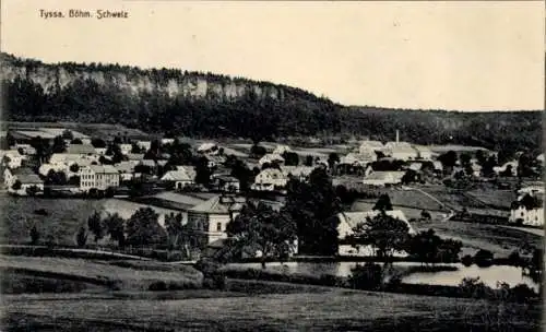 Ak Tisá Tyssa Tissa Region Aussig, Landschaftsansicht, Gebäude, Wasser, Bäume
