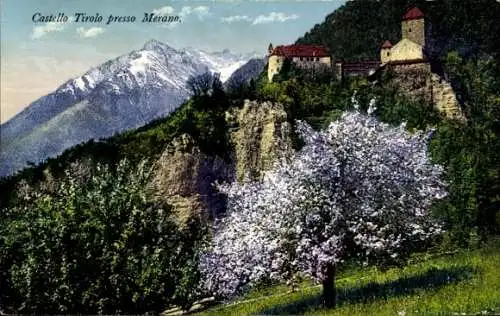 Ak Meran Merano Südtirol, Schloss Tirolo, blühende Bäume, Berge im Hintergrund